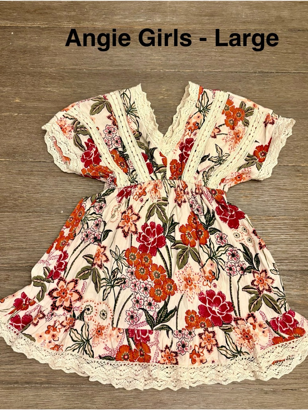 Angie Girls Floral Lace-Trim Dress - Pink & Red
